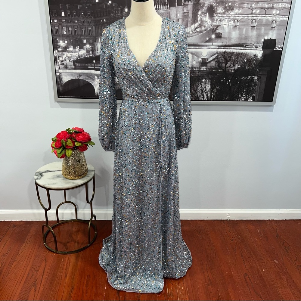 Mac Duggal Long Balloon Sleeves Sequined Allover Gown -Light Dusty Blue- Reemoly